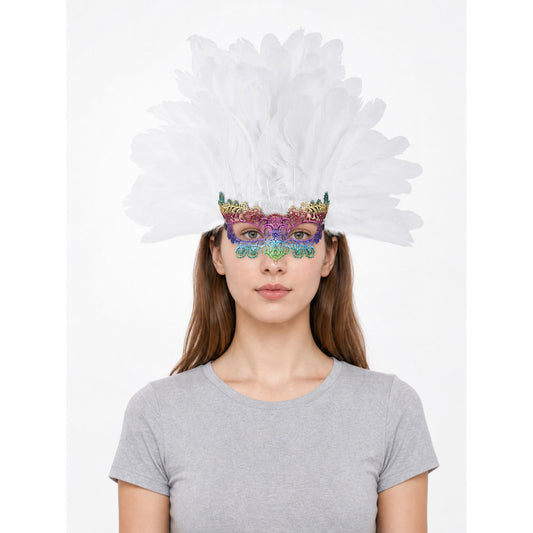 Masquerade headpiece with feathers and a mask