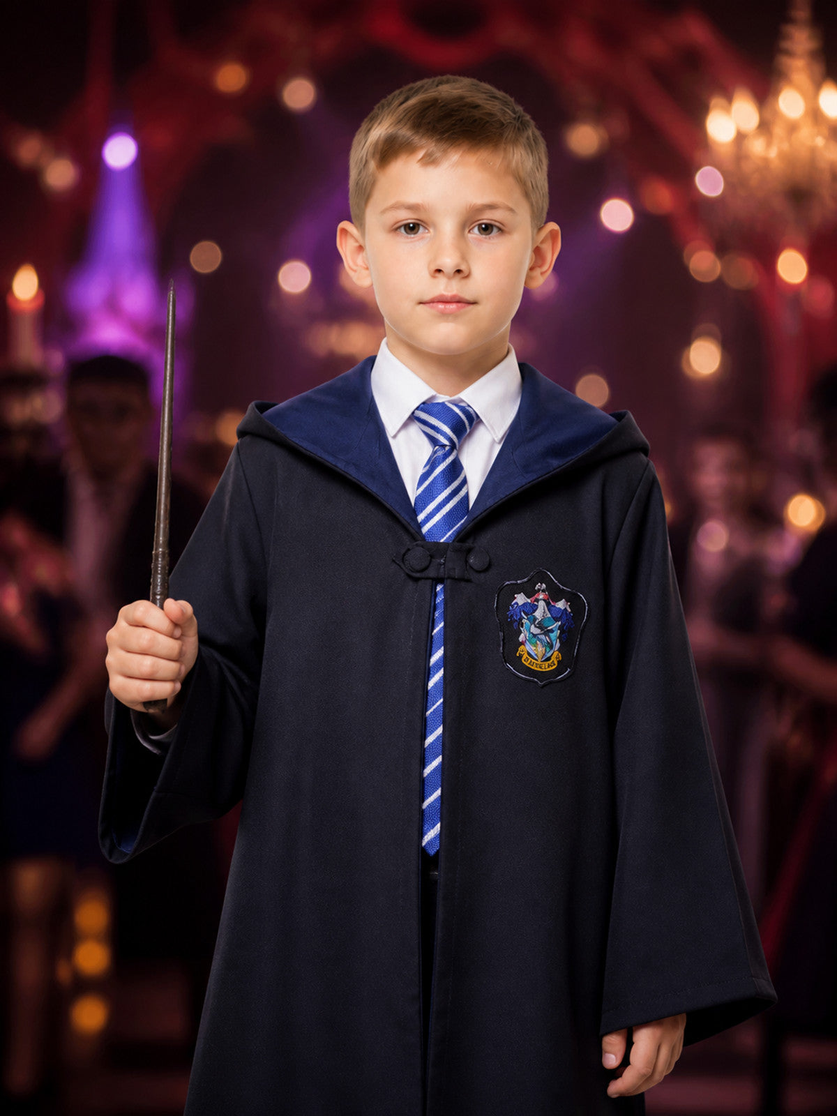 Ravenclaw Wizard Robe Costume Set with Tie, Long Hooded Cape for Halloween on-model view