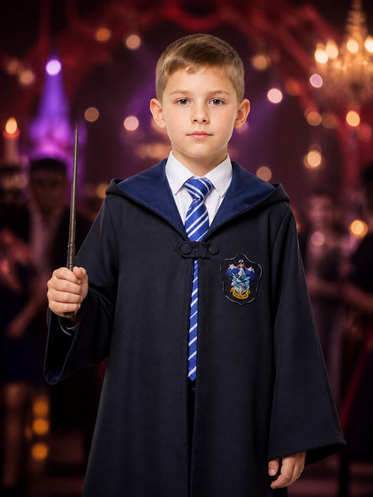 Ravenclaw Wizard Robe Costume Set with Tie, Long Hooded Cape for Halloween on-model view