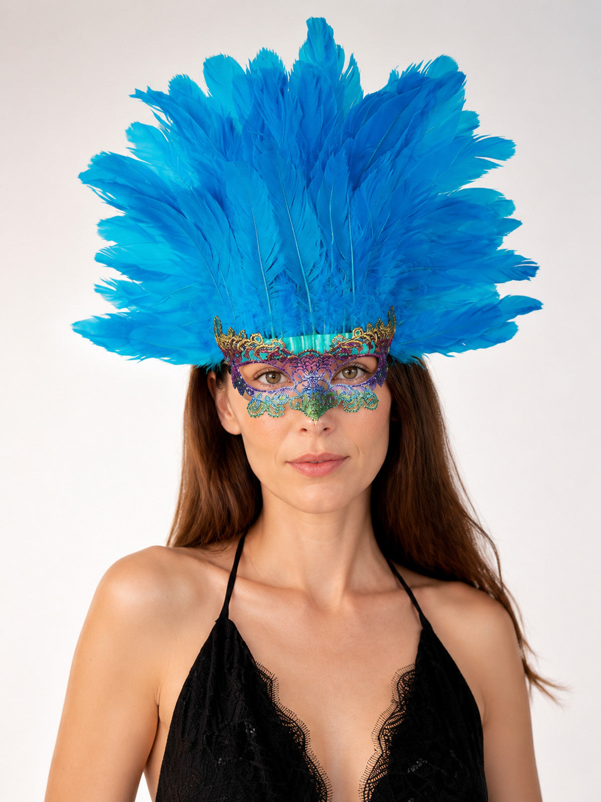 Carnival Feather Headpiece with Blue Feathers and Eye Mask