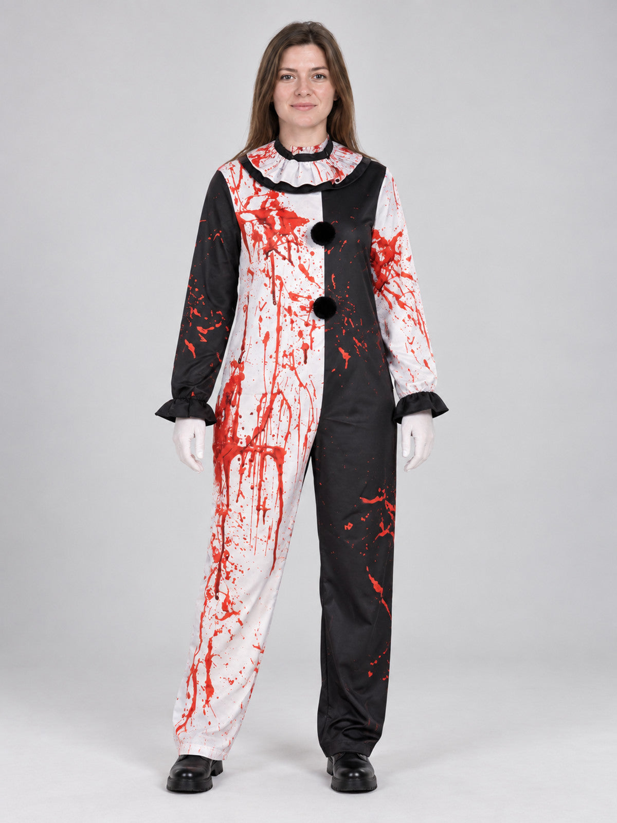 Black and white clown costume with a jabot and imitation blood