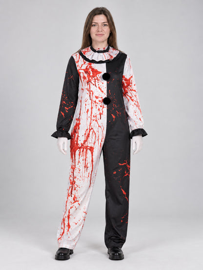 Black and white clown costume with a jabot and imitation blood