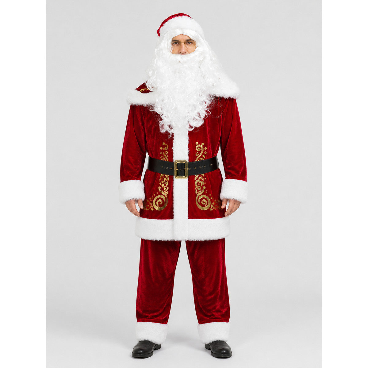 Red Santa Claus Costume with White Beard on-model view