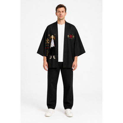 Black Anime Haori with Print and Short Sleeves main product view