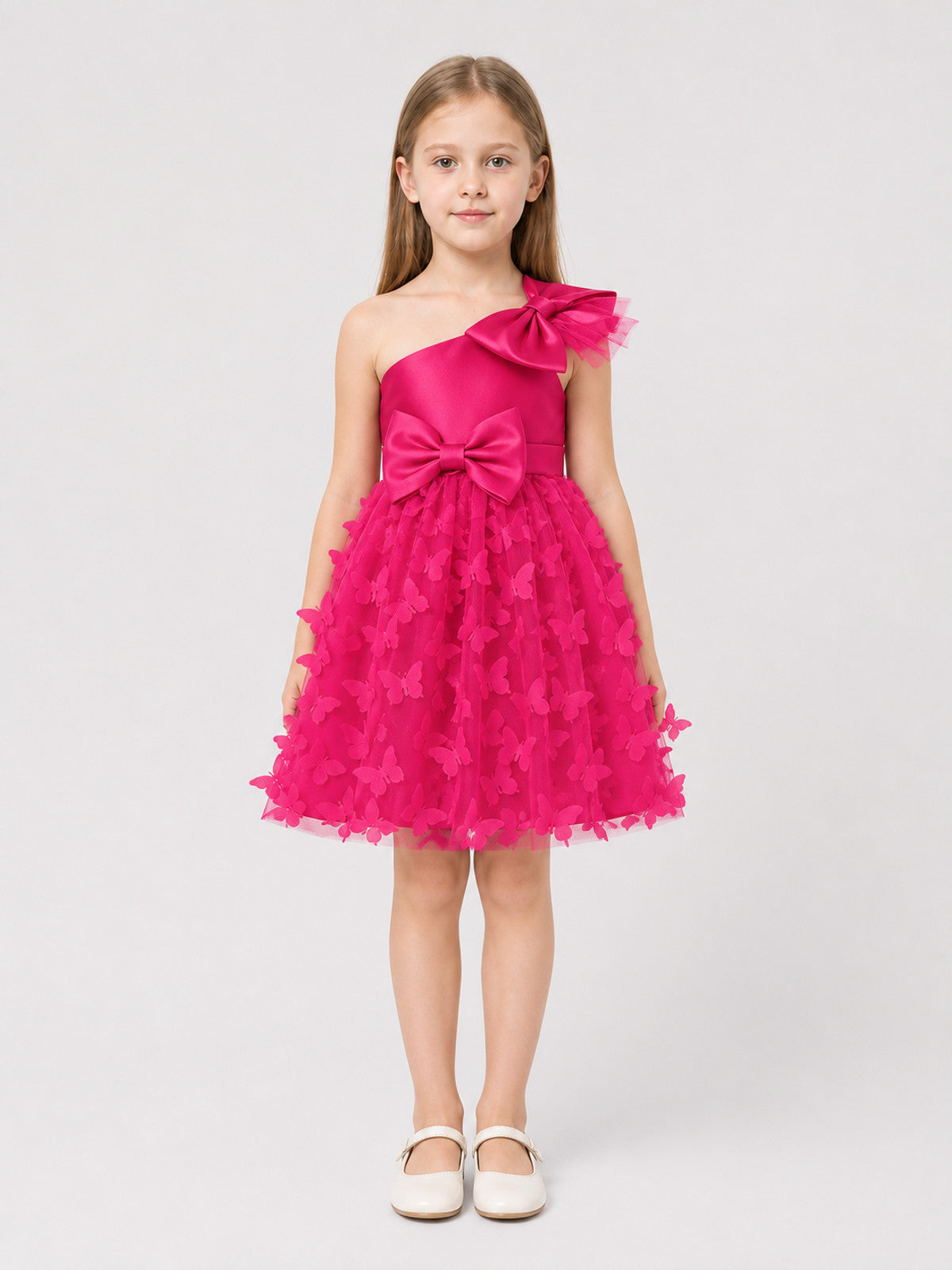 Full Pink Tulle Dress with Oversized Bows on-model view
