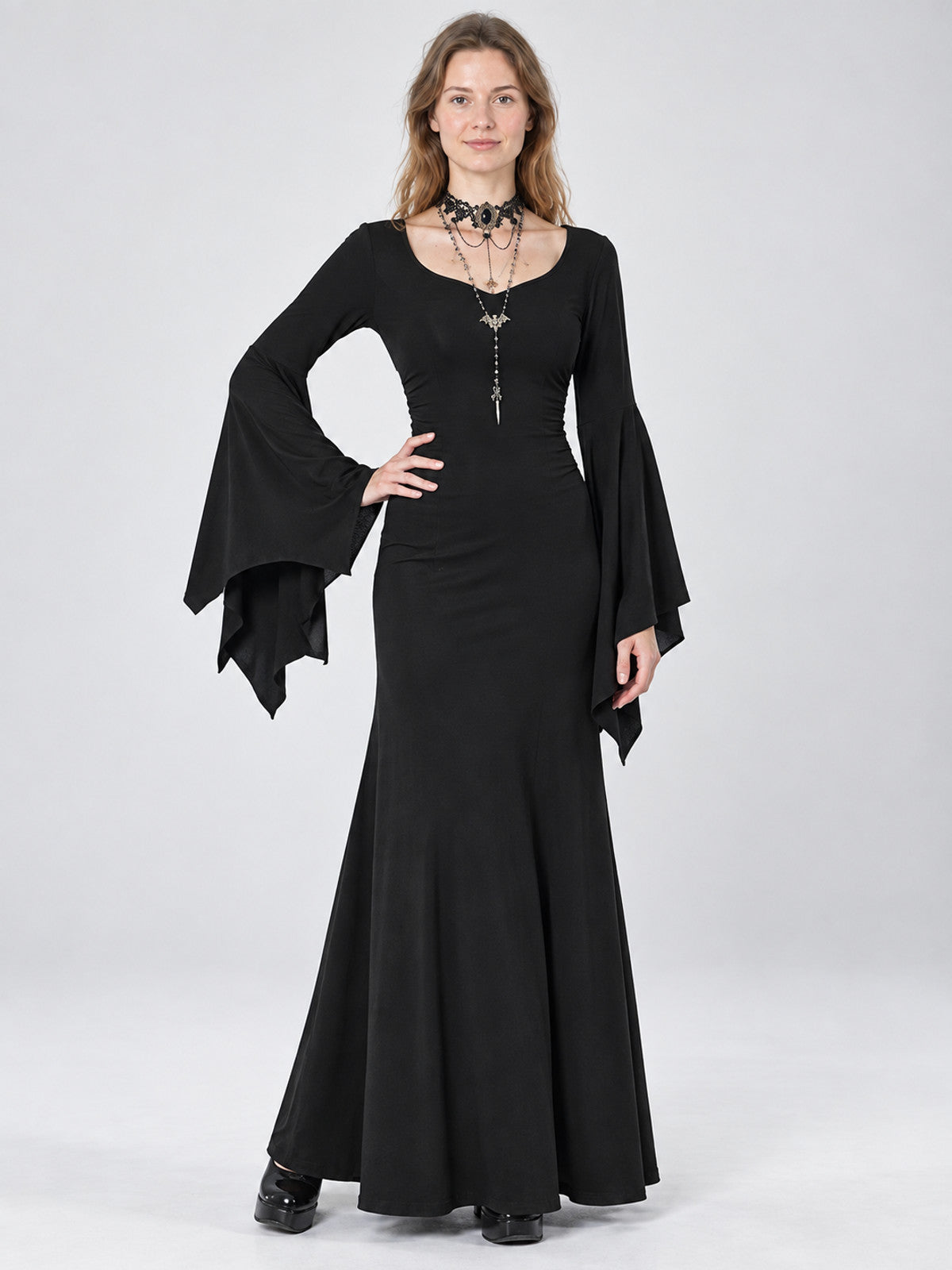 Black Long Gothic-Style Dress with Flared Sleeves