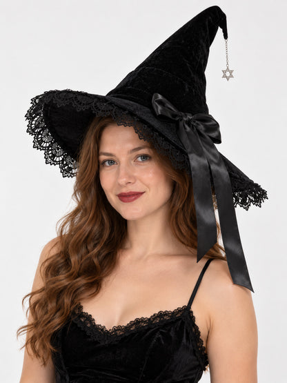 Black Witch Hat with Lace, Bow, and Star