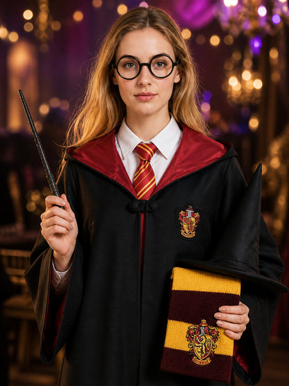 Wizard Robe Costume Set, Hooded Long Cloak With Scarf, Hat, Glasses, Wand, Tie & on-model view