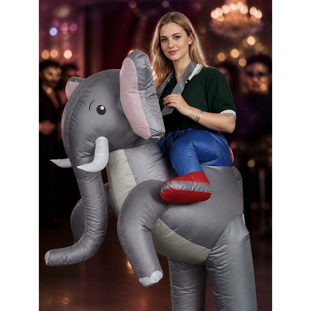Adult Elephant Inflatable Costume, Halloween Cosplay Party Outfit with Saddle on-model view