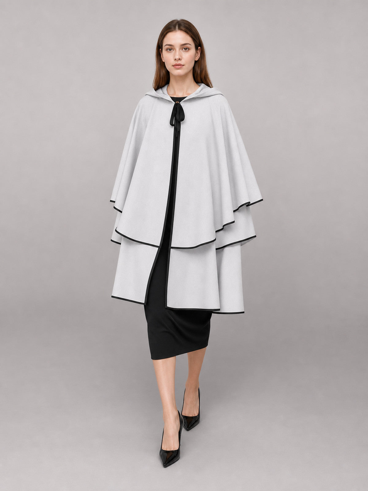 White Hooded Cloak with Black Trim front view