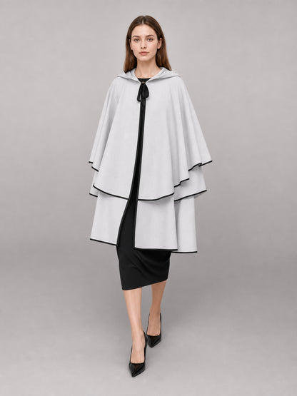 White Hooded Cloak with Black Trim front view