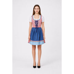 Women's Red Gingham Bavarian Dirndl Dress with Blue Apron – Oktoberfest Costume
