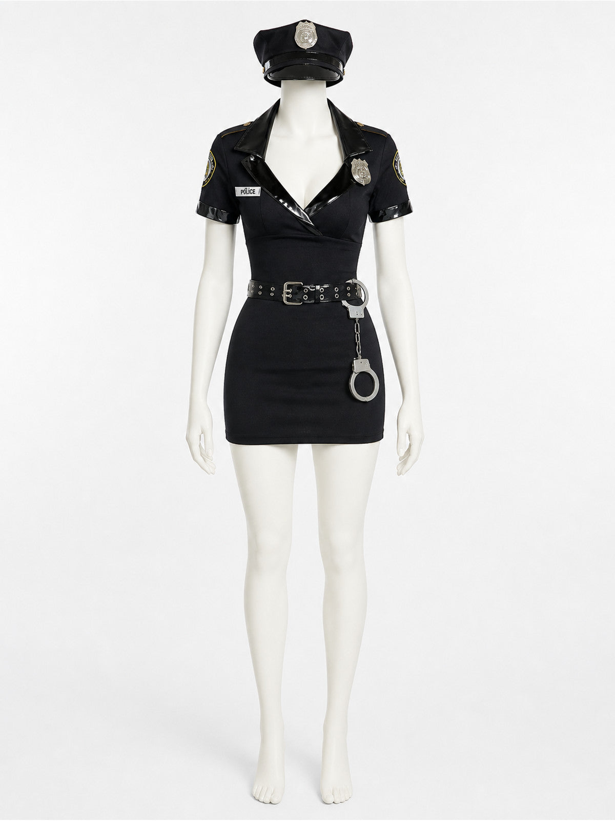 Women's Black Police Costume Set, Short Dress With Hat, Belt And Handcuffs on-model view