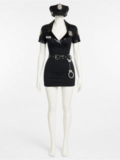 Women's Black Police Costume Set, Short Dress With Hat, Belt And Handcuffs