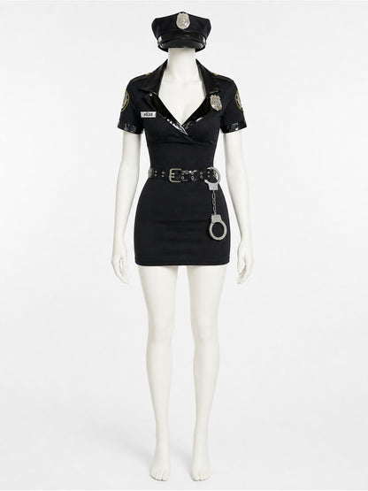 Women's Black Police Costume Set, Short Dress With Hat, Belt And Handcuffs on-model view