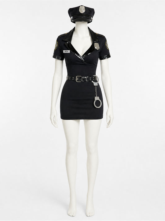Women's Black Police Costume Set, Short Dress With Hat, Belt And Handcuffs on-model view