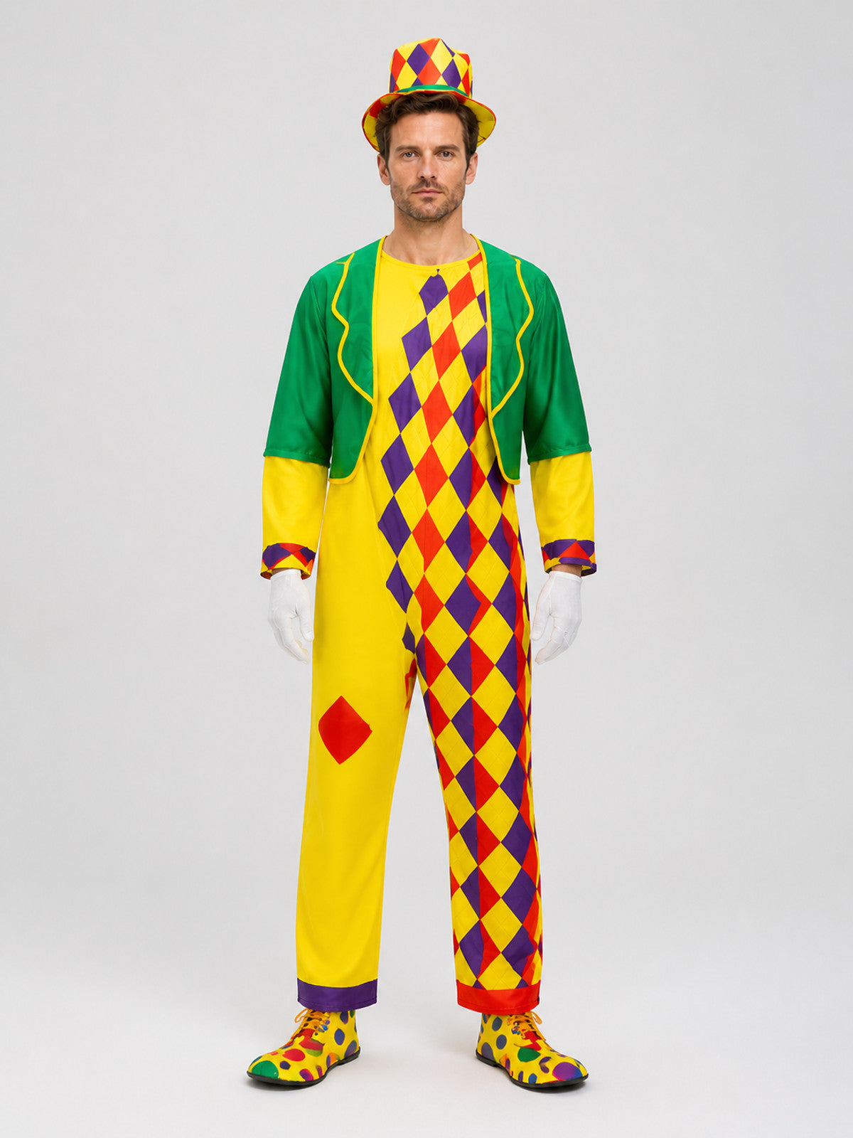 Clown Stage Costume: Jumpsuit, Jacket, and Hat on-model view