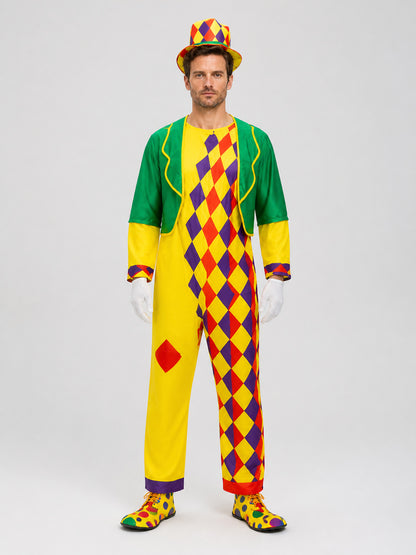 Clown Stage Costume: Jumpsuit, Jacket, and Hat on-model view