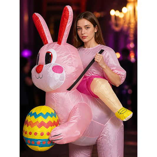 Adult Pink Inflatable Rabbit Costume, Bunny Cosplay Jumpsuit with Long Ears on-model view