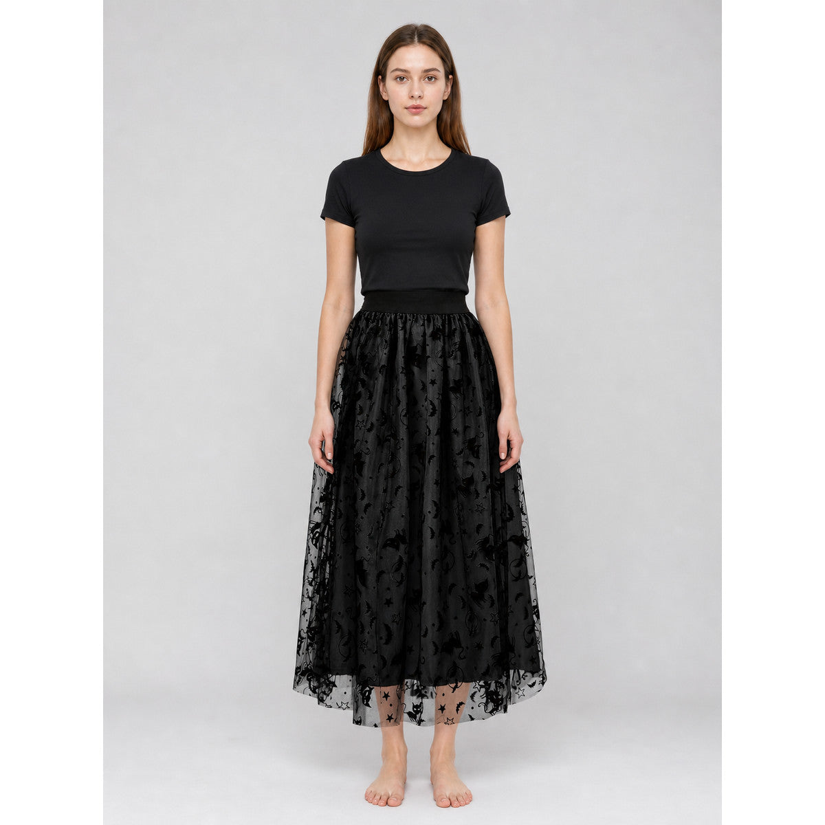 Black mesh midi skirt with bats