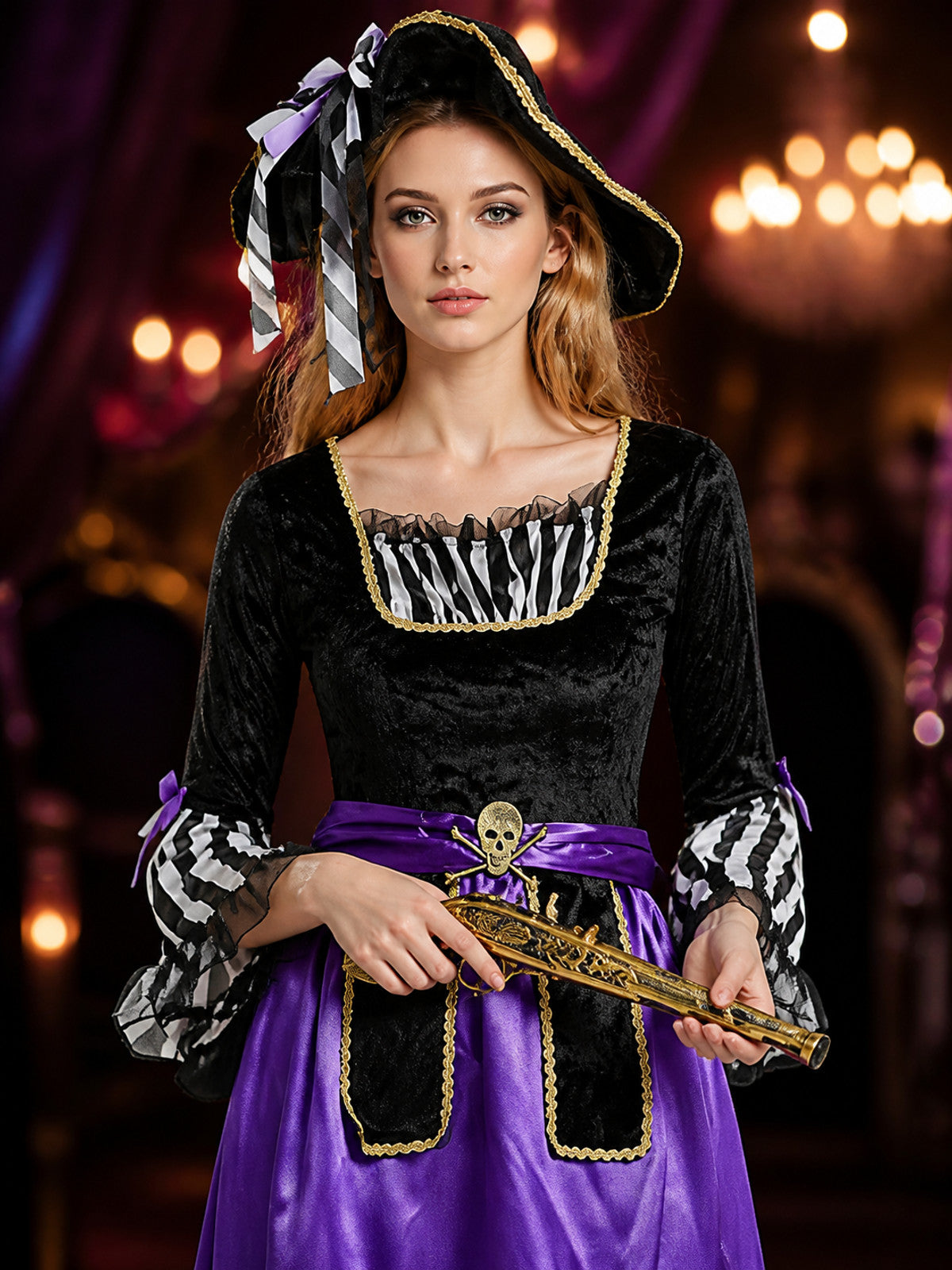 Retro Pirate Costume Set with Hat for Halloween on-model view
