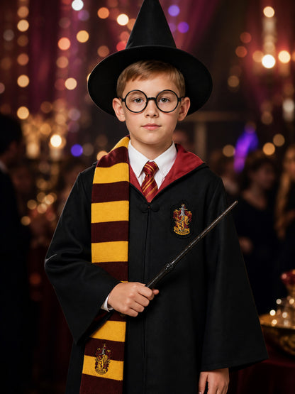 Wizard Robe Costume Set with Hat, Glasses, Wand, Scarf, Shirt and Tie on-model view