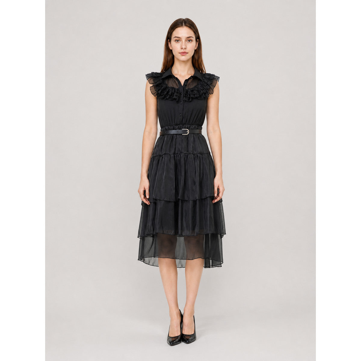 Black Dress with Tiered Skirt and Ruffles on-model view