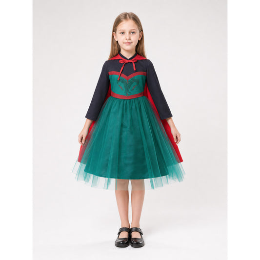 Children’s costume dress with a red cape, fairy-tale look on-model view