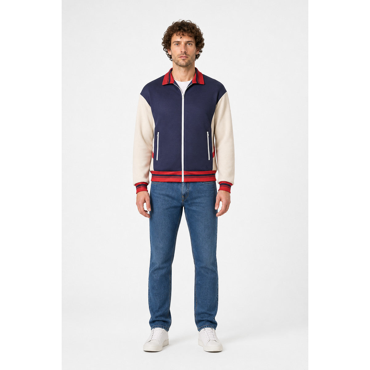 Zip-Up Bomber Jacket with Red Stripes