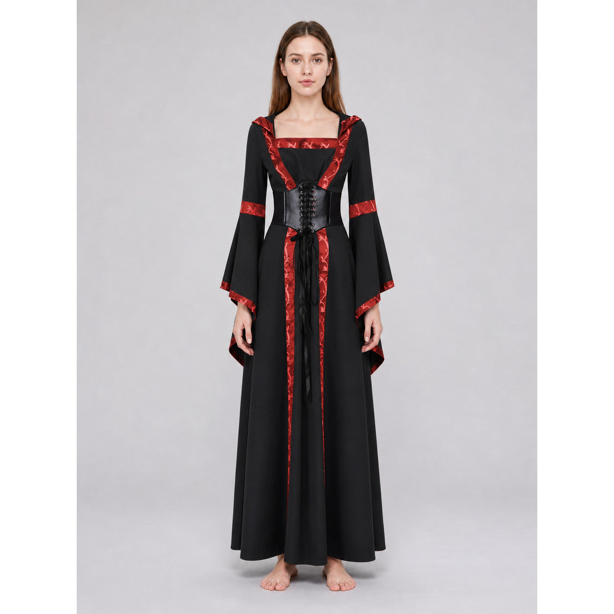 Black Gothic Hooded Dress with Lace-Up Detail