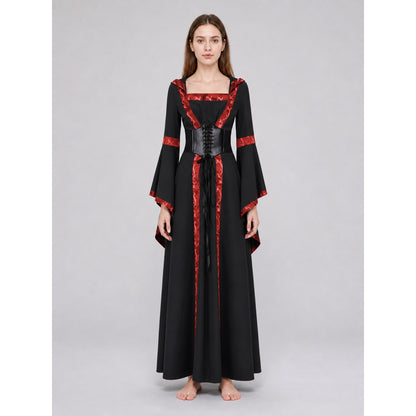 Black Gothic Hooded Dress with Lace-Up Detail