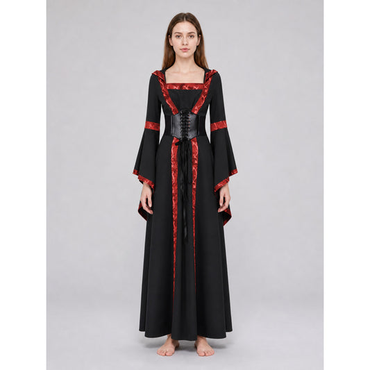 Black Gothic Hooded Dress with Lace-Up Detail