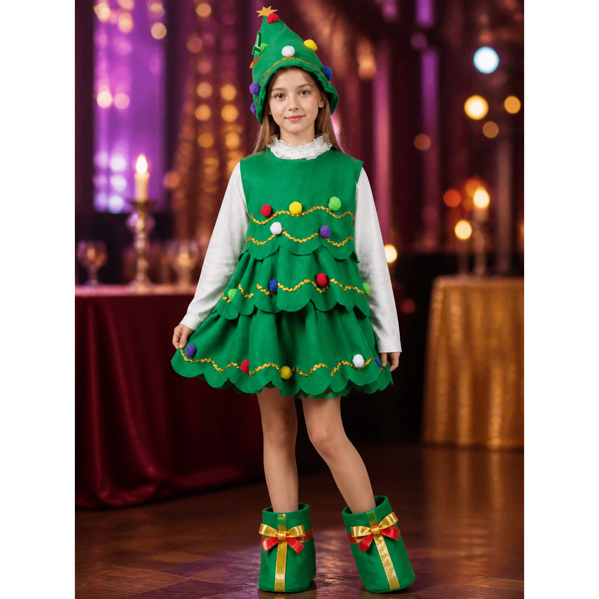 New Year's inflatable Christmas tree costume with gifts on-model view