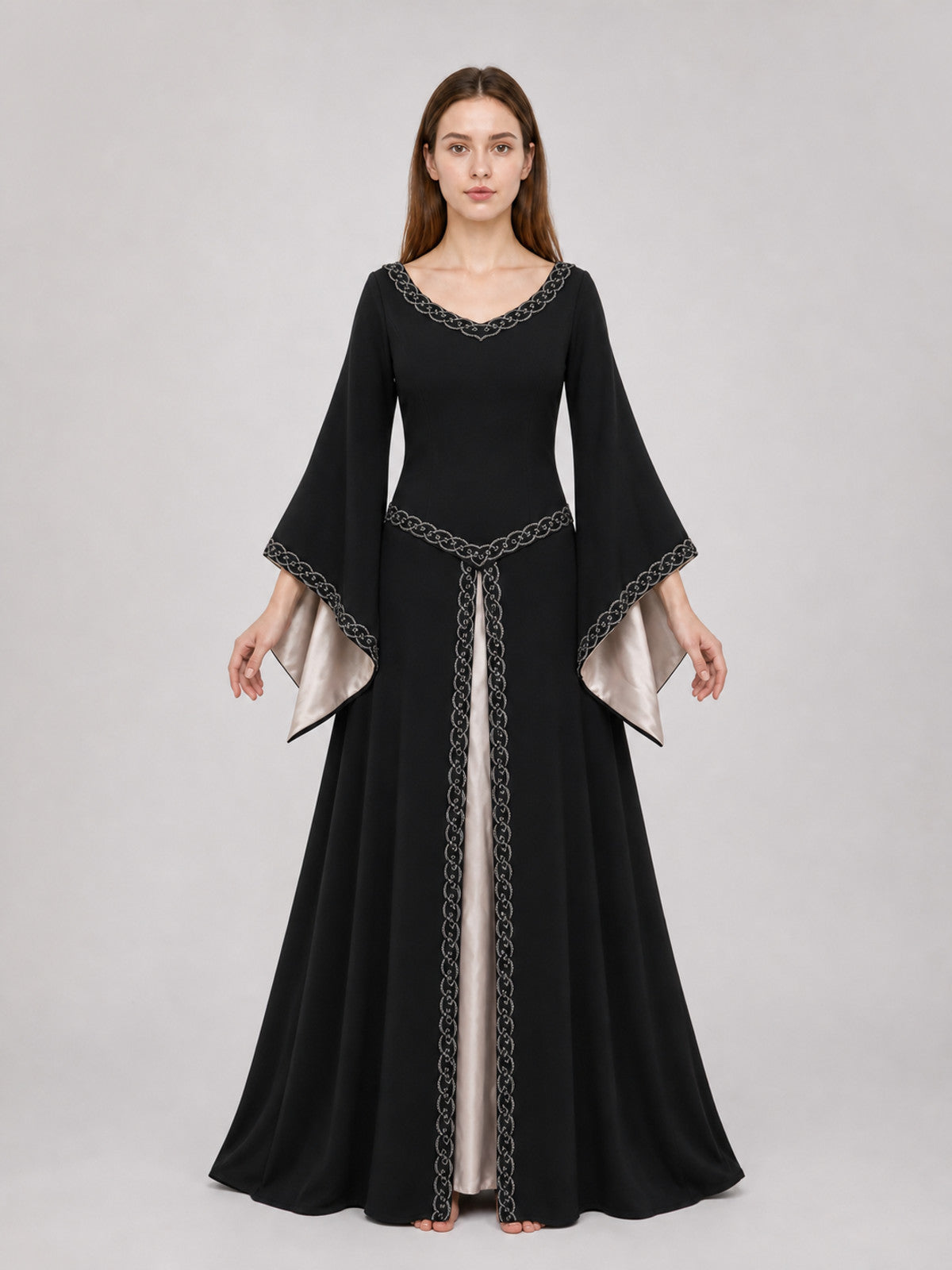 Long Black Dress with Celtic Trim front view