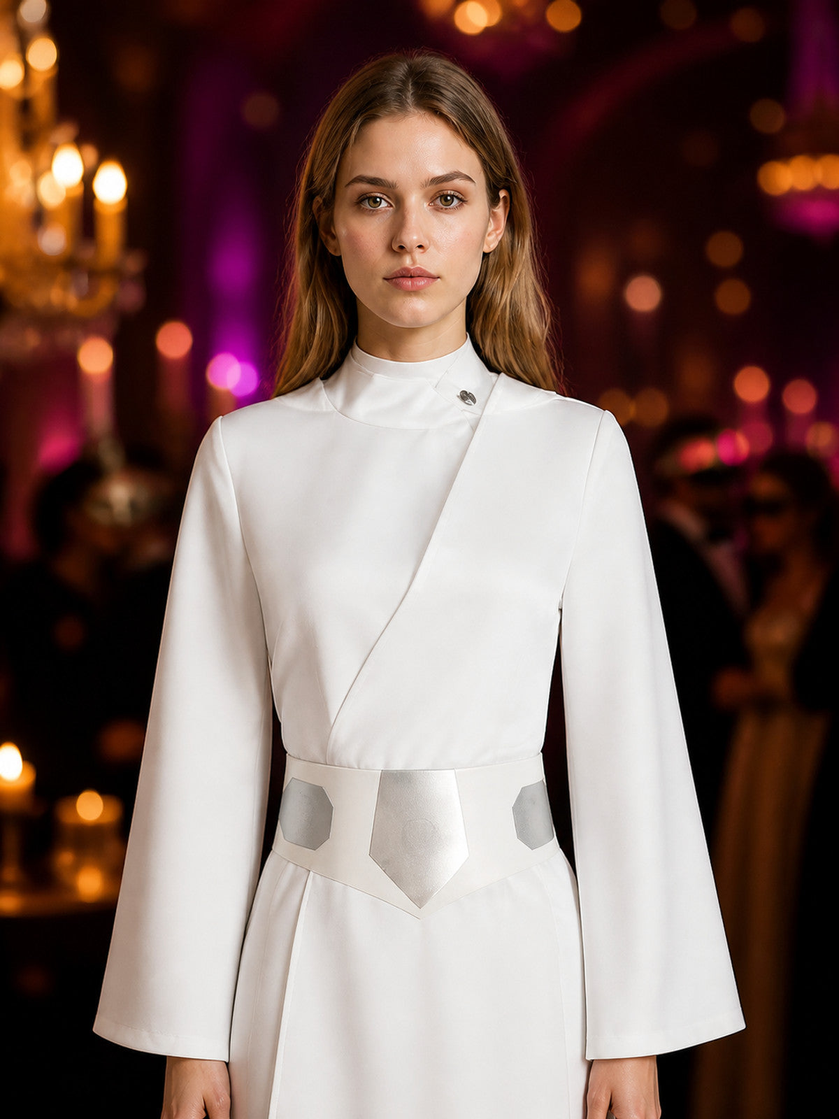 Women's White Princess Cosplay Dress, High Neck Long Sleeve A-Line with Belt on-model view