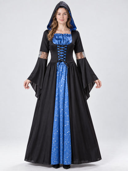Black and Blue Hooded Lace-Up Carnival Dress