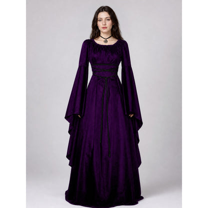 Floor-Length Gothic-Style Dress with Flared Sleeves on-model view