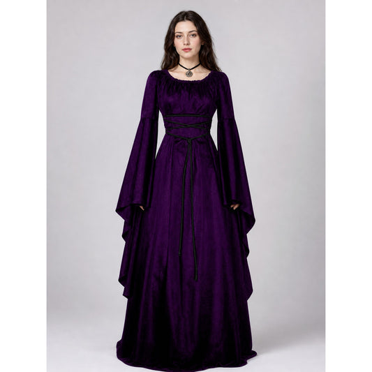 Floor-Length Gothic-Style Dress with Flared Sleeves