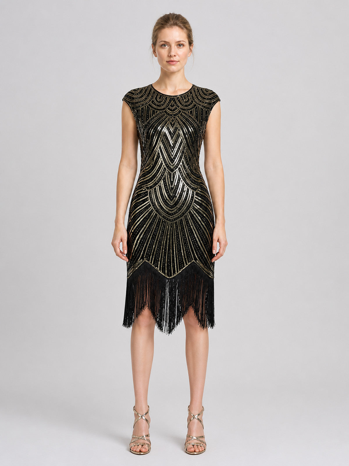 Sequin Dress with Long Fringe, Midi, Fitted on-model view