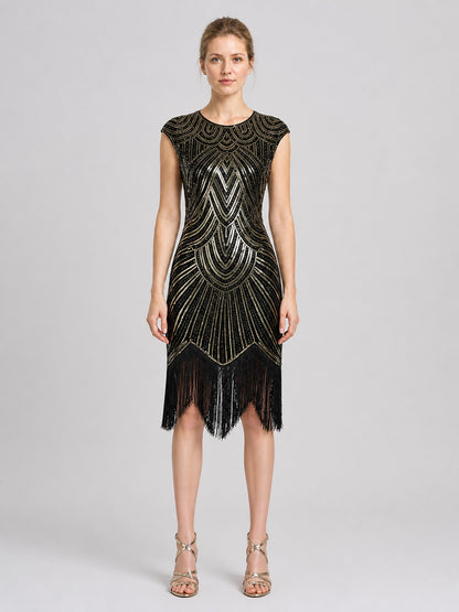 Sequin Dress with Long Fringe, Midi, Fitted on-model view