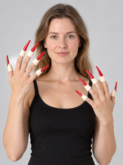 Long Red and White Cosplay Fake Nails 10 Pcs 7 cm