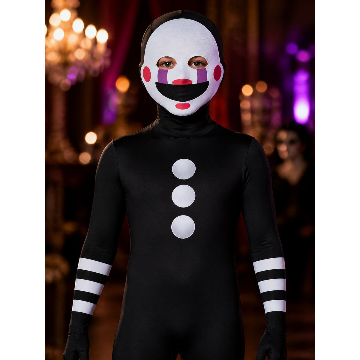 Unisex Masked Character Jumpsuit Costume with Hood and Smiley Face Print on-model view