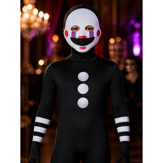 Unisex Masked Character Jumpsuit Costume with Hood and Smiley Face Print on-model view