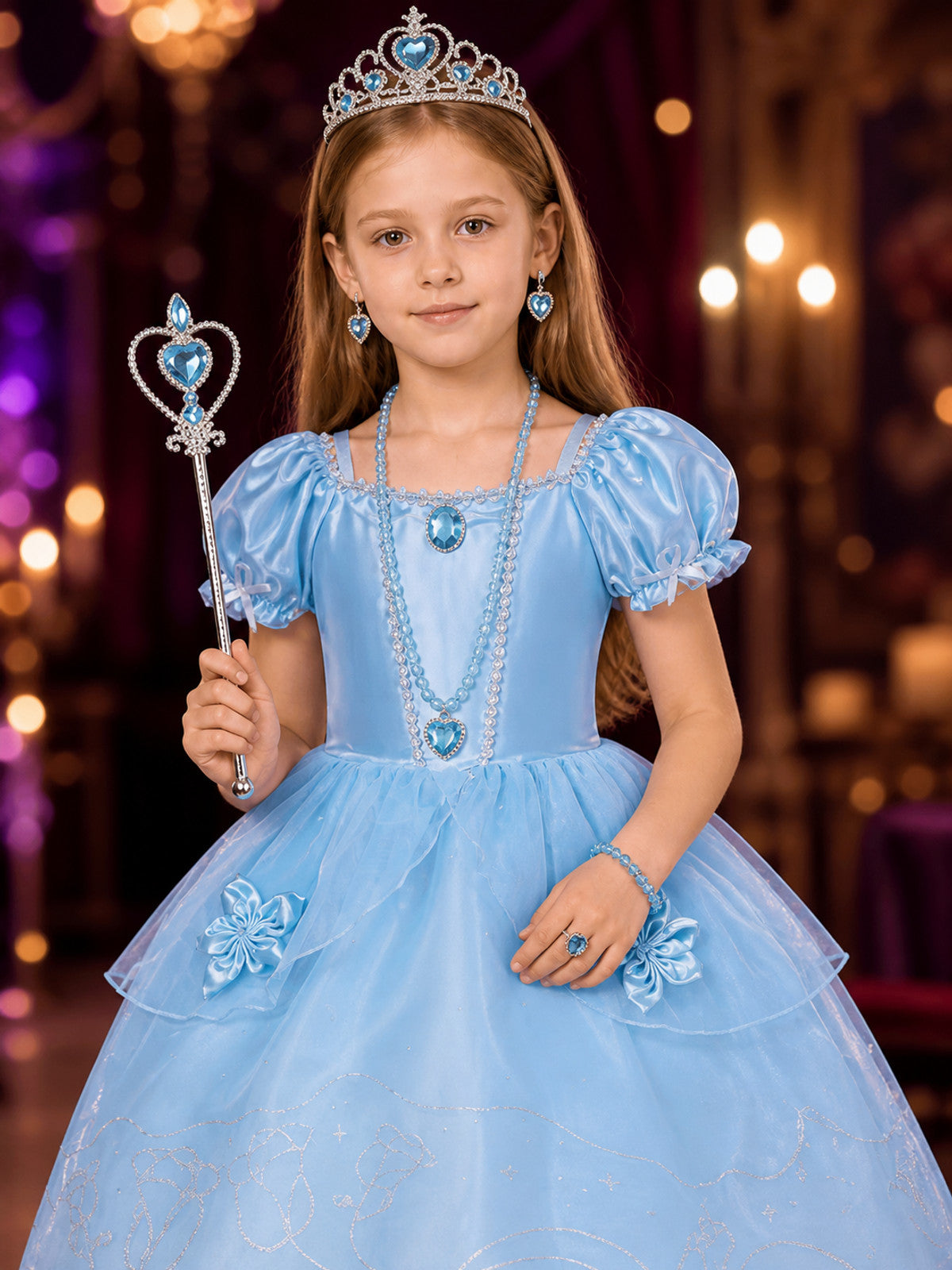 Girls Princess Costume Dress with Crown, Wand & Jewelry Set - Blue Sparkly