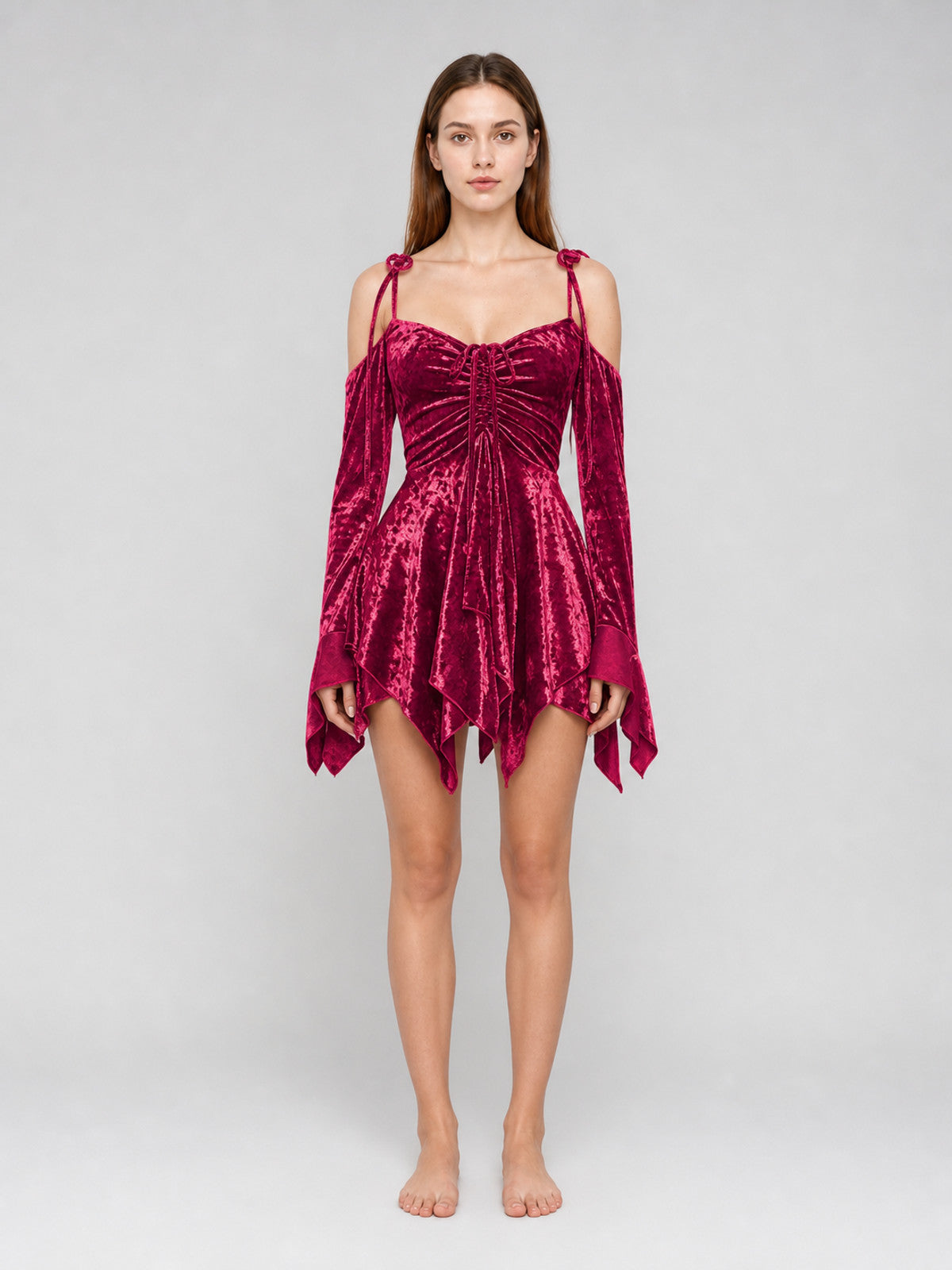 Velvet Mini Dress with an Asymmetrical Hem front view