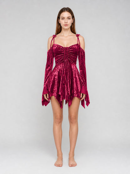 Velvet Mini Dress with an Asymmetrical Hem front view