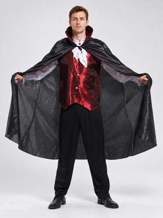 Vampire costume: red vest, black cape, white jabot