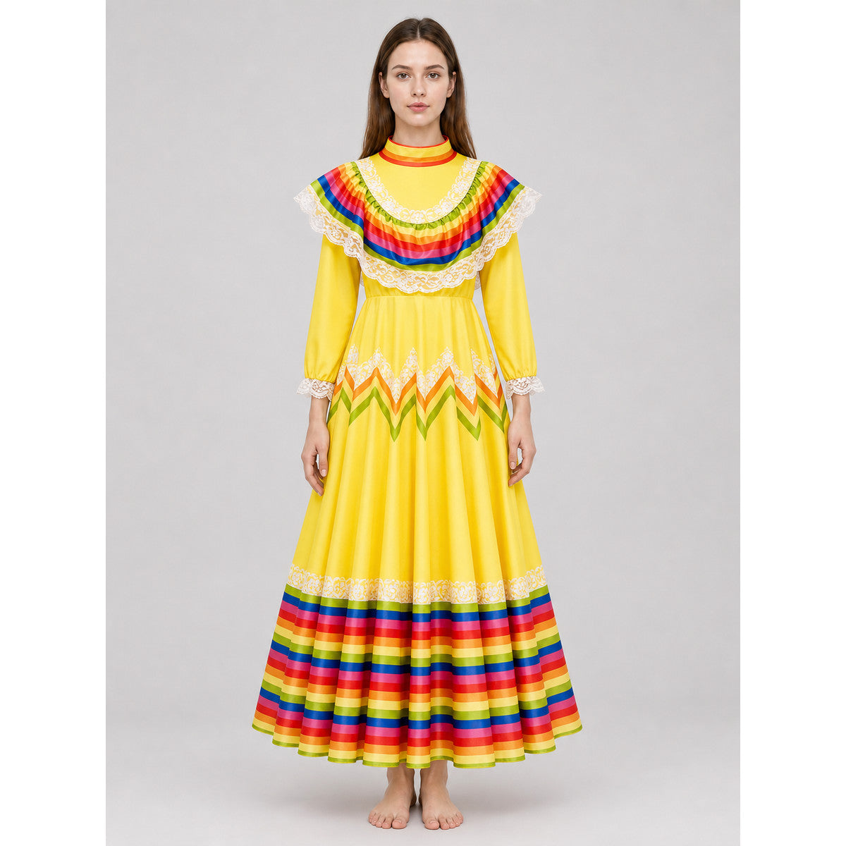 Costume dress with ruffles and rainbow trim front view
