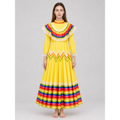 Costume dress with ruffles and rainbow trim front view