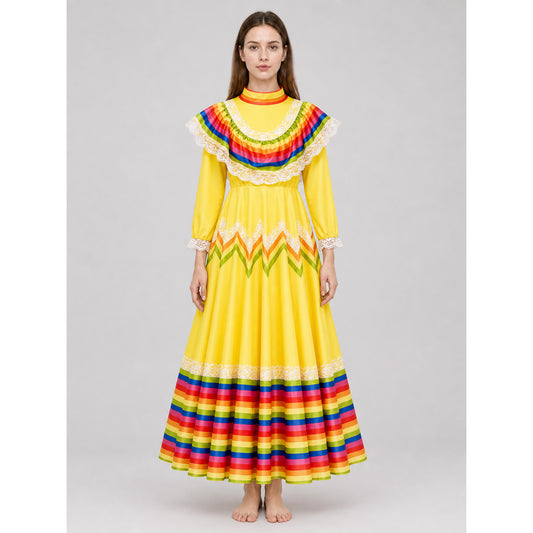 Costume dress with ruffles and rainbow trim